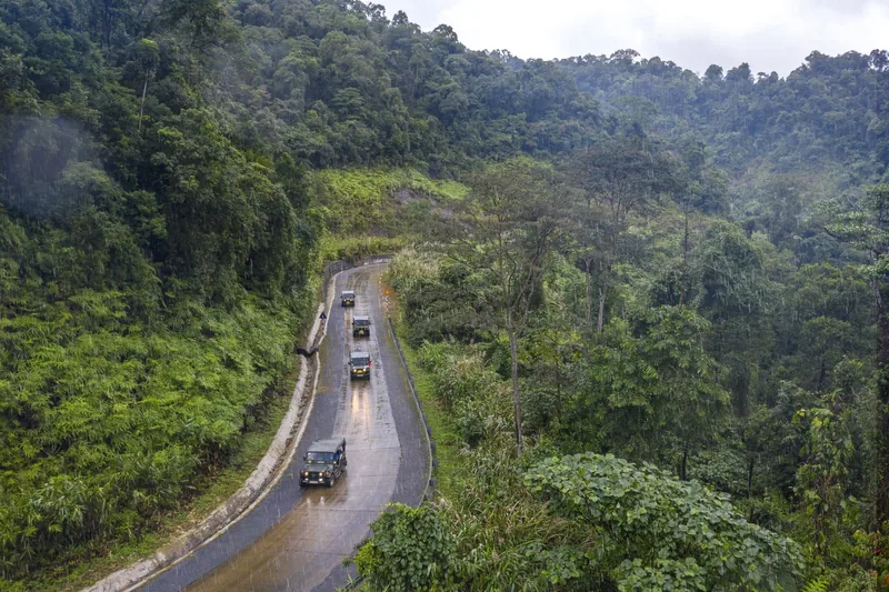 Đoàn xe jeep kiểu quân đội chạy trên con đường quanh co, ướt mưa xuyên rừng rậm dọc khu phi quân sự cũ gần Huế.